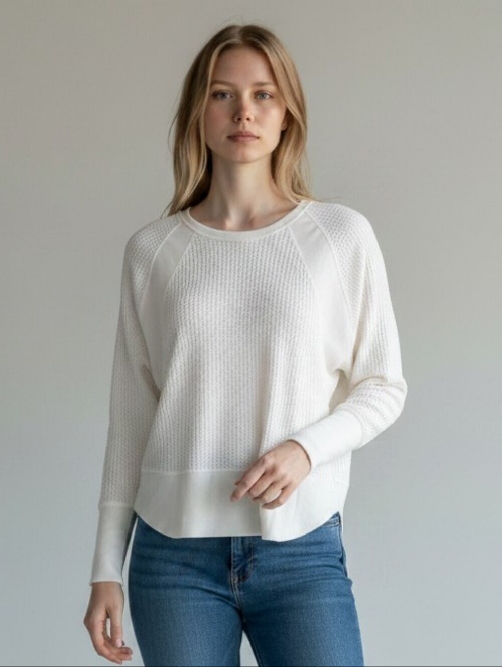 Lazy Sundays White Waffle Knit Long Sleeve Top (S)